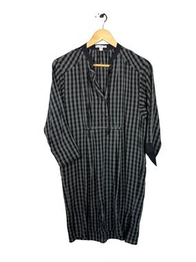 James Perse Gingham Shirt Dress Gray Black Button Front Pocket Wool Blend XS